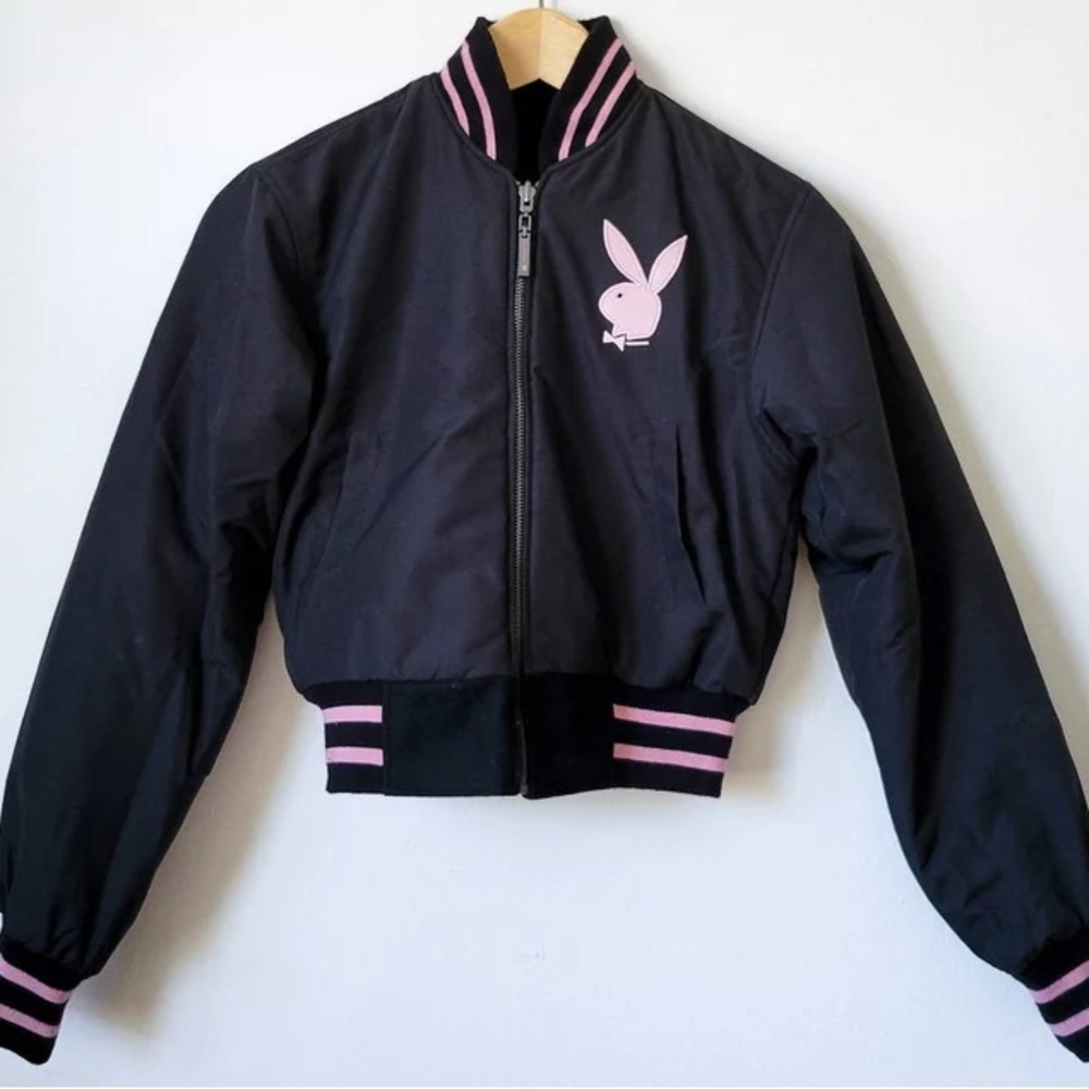 Pink and Black Playboy Reversible Varsity Letterman Jacket